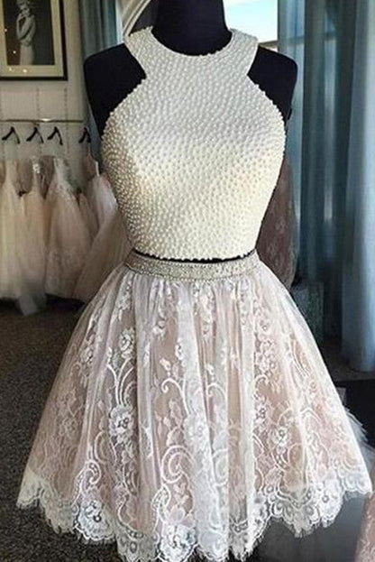 Vestido de fiesta corto de dos piezas de encaje blanco con perlas, vestidos cortos de bienvenida