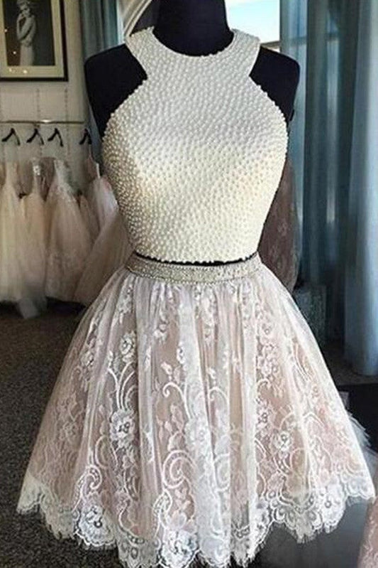 Vestido de fiesta corto de dos piezas de encaje blanco con perlas, vestidos cortos de bienvenida