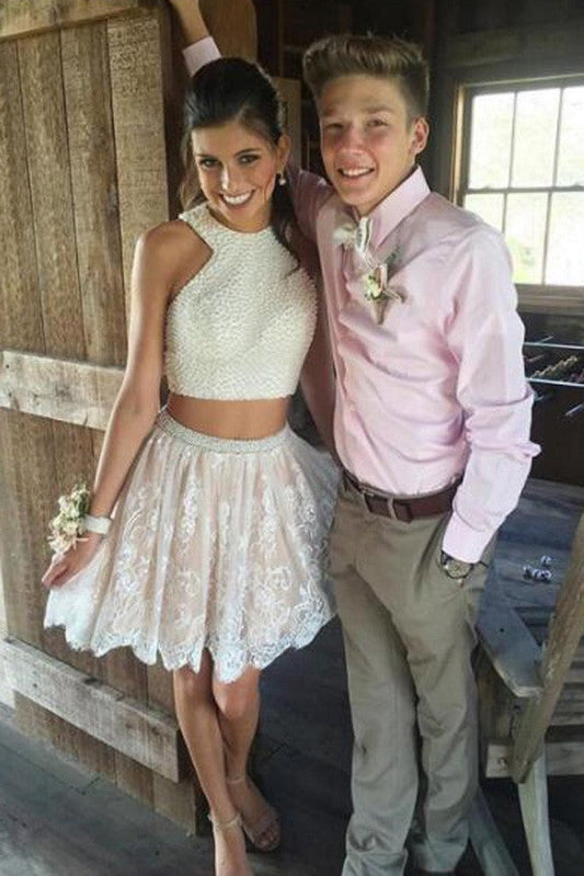 Vestido de fiesta corto de dos piezas de encaje blanco con perlas, vestidos cortos de bienvenida