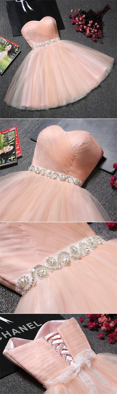 Vestido de fiesta corto con escote corazón y sin tirantes de tul rosa ruborizado, minivestido de bienvenida
