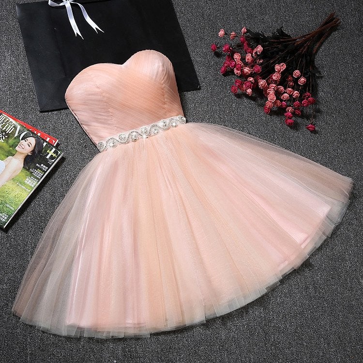Vestido de fiesta corto con escote corazón y sin tirantes de tul rosa ruborizado, minivestido de bienvenida