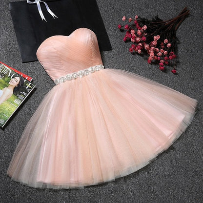 Vestido de fiesta corto con escote corazón y sin tirantes de tul rosa ruborizado, minivestido de bienvenida