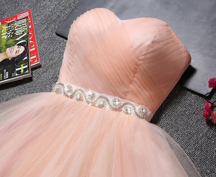 Vestido de fiesta corto con escote corazón y sin tirantes de tul rosa ruborizado, minivestido de bienvenida