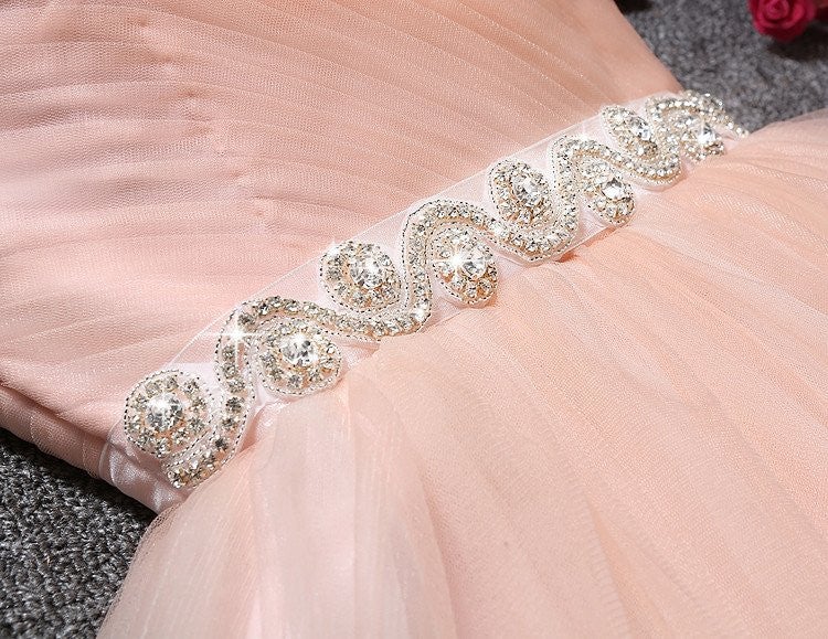 Vestido de fiesta corto con escote corazón y sin tirantes de tul rosa ruborizado, minivestido de bienvenida