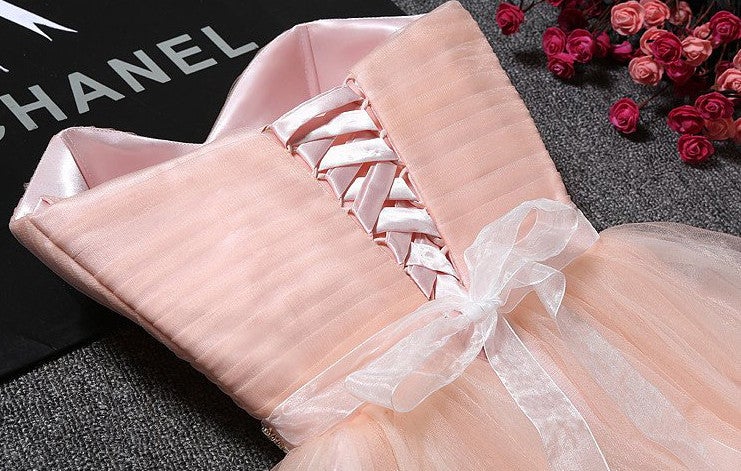 Vestido de fiesta corto con escote corazón y sin tirantes de tul rosa ruborizado, minivestido de bienvenida