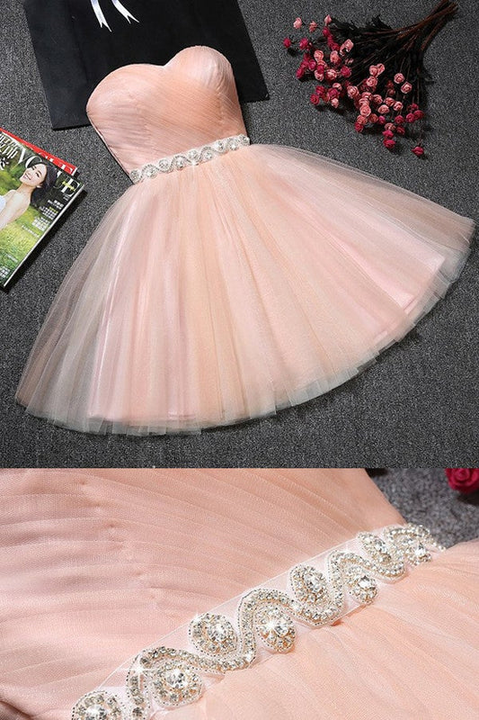 Vestido de fiesta corto con escote corazón y sin tirantes de tul rosa ruborizado, minivestido de bienvenida