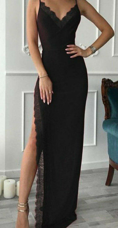 Simple Spaghetti-Straps Mermaid Black Prom Dress SH543