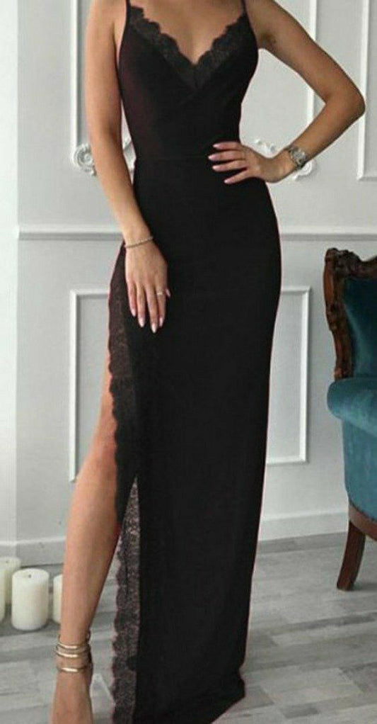 Simple Spaghetti-Straps Mermaid Black Prom Dress SH543