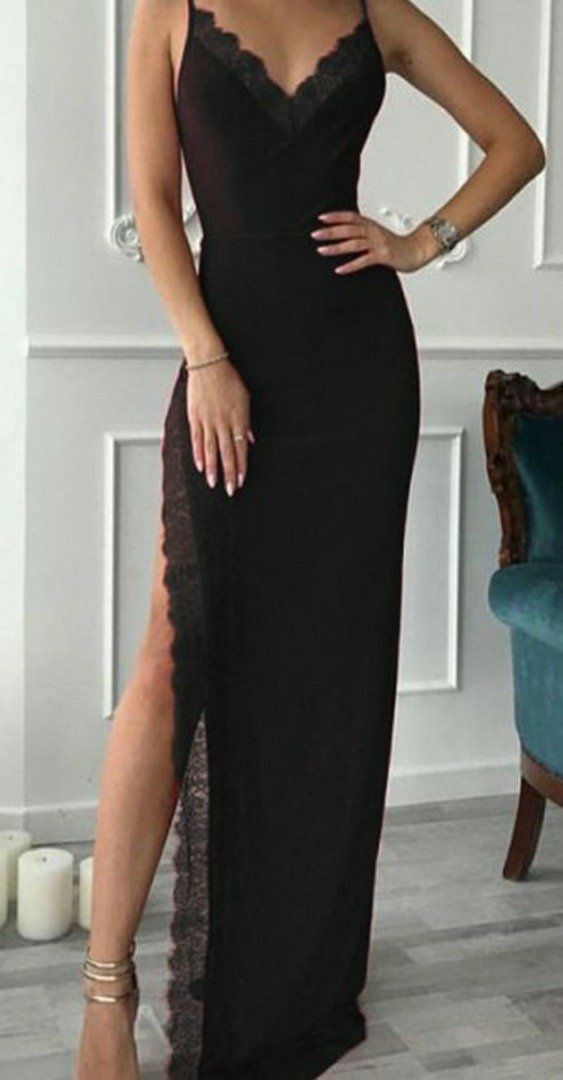 Simple Spaghetti-Straps Mermaid Black Prom Dress SH543