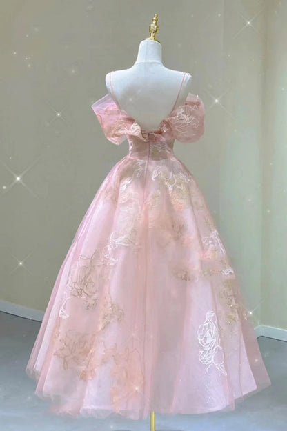 A Line Pink Tulle Lace Off The Shoulder Prom Dresses, Formal Evening Dress SH554