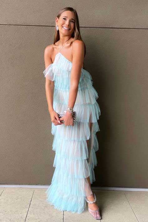 New Style Halter Layered Tulle Pink Prom Dresses SH560