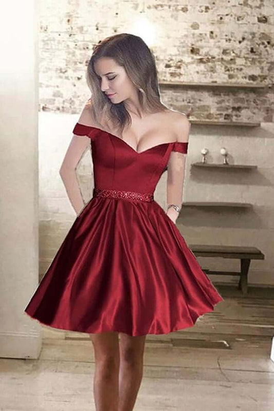 Vestido de fiesta con hombros descubiertos y corte en A, vestidos de fiesta cortos de satén