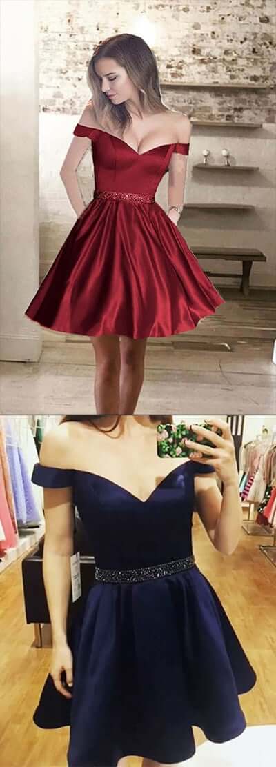 Vestido de fiesta con hombros descubiertos y corte en A, vestidos de fiesta cortos de satén