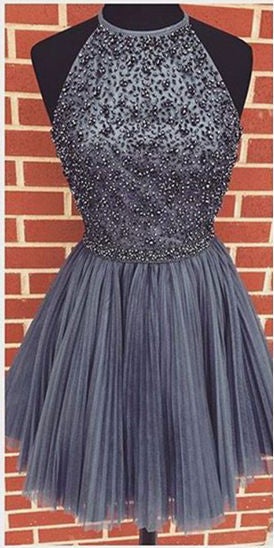Vestido de fiesta corto gris con cuello alto, corte A y cuentas, de tul, para regreso a casa.