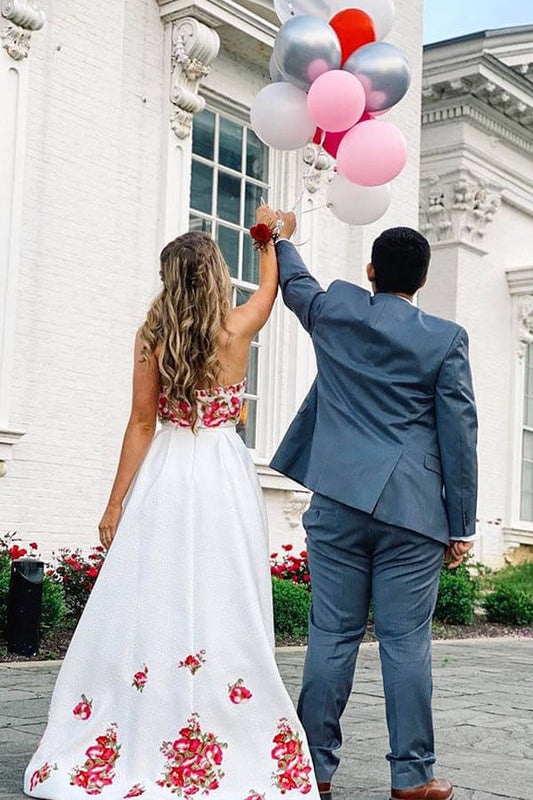 Colorful Embroider High Low Halter Two Pieces Long Prom Dress