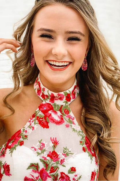 Colorful Embroider High Low Halter Two Pieces Long Prom Dress