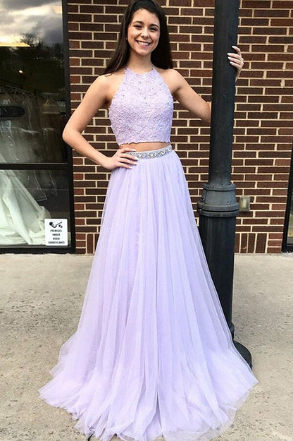 Vestido de fiesta de dos piezas con cuello halter color lila y cuentas, vestido de noche con apliques