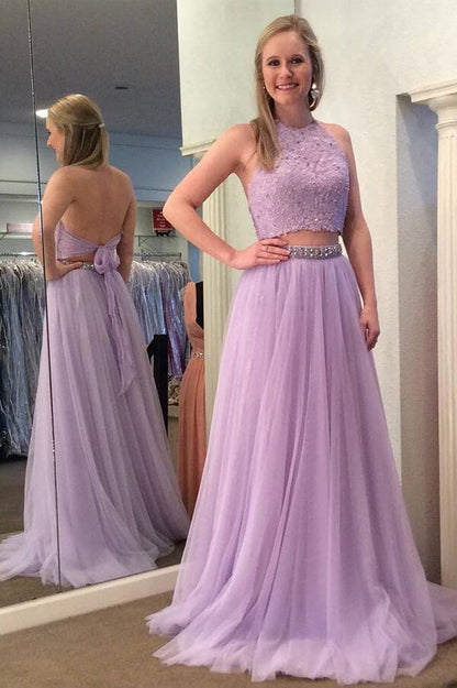 Vestido de fiesta de dos piezas con cuello halter color lila y cuentas, vestido de noche con apliques