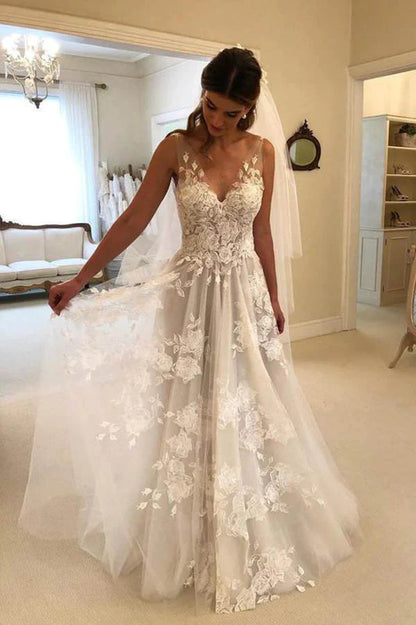 Fabulosos vestidos de novia de tul, corte A, escote en V, largo hasta el suelo, con encaje y apliques