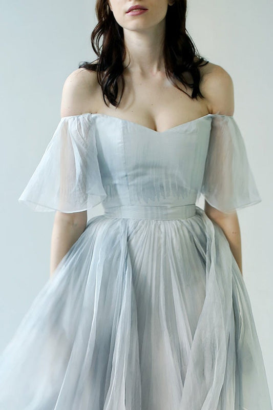Vestidos de fiesta largos únicos en gris y azul con hombros descubiertos, vestidos de boda para jardín