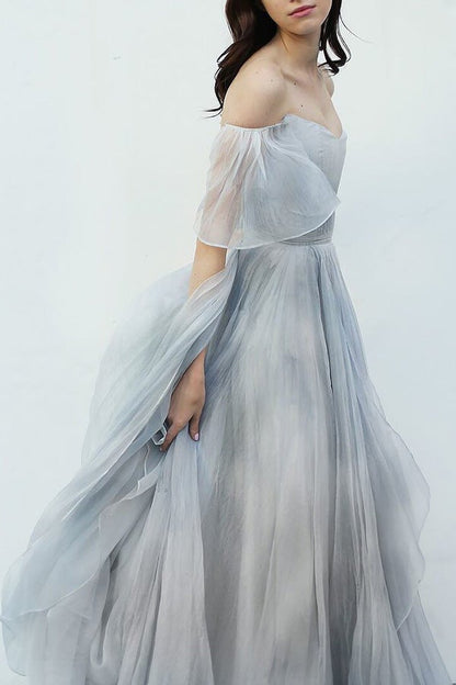 Vestidos de fiesta largos únicos en gris y azul con hombros descubiertos, vestidos de boda para jardín
