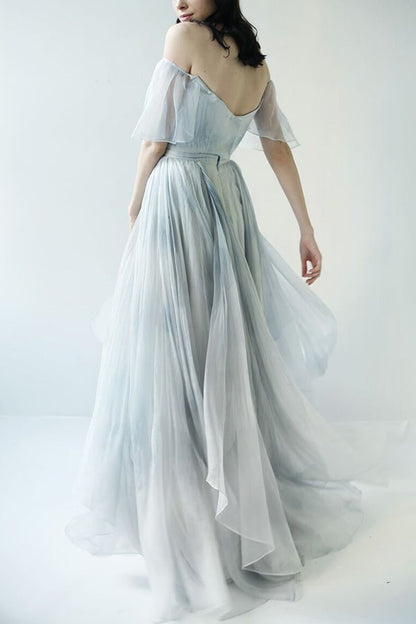 Vestidos de fiesta largos únicos en gris y azul con hombros descubiertos, vestidos de boda para jardín