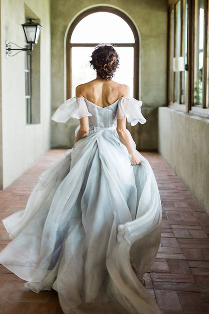 Vestidos de fiesta largos únicos en gris y azul con hombros descubiertos, vestidos de boda para jardín