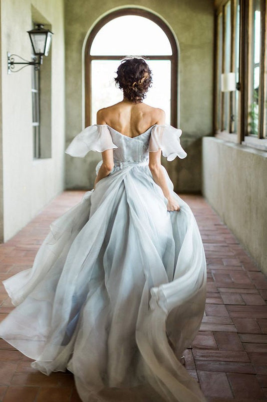 Vestidos de fiesta largos únicos en gris y azul con hombros descubiertos, vestidos de boda para jardín