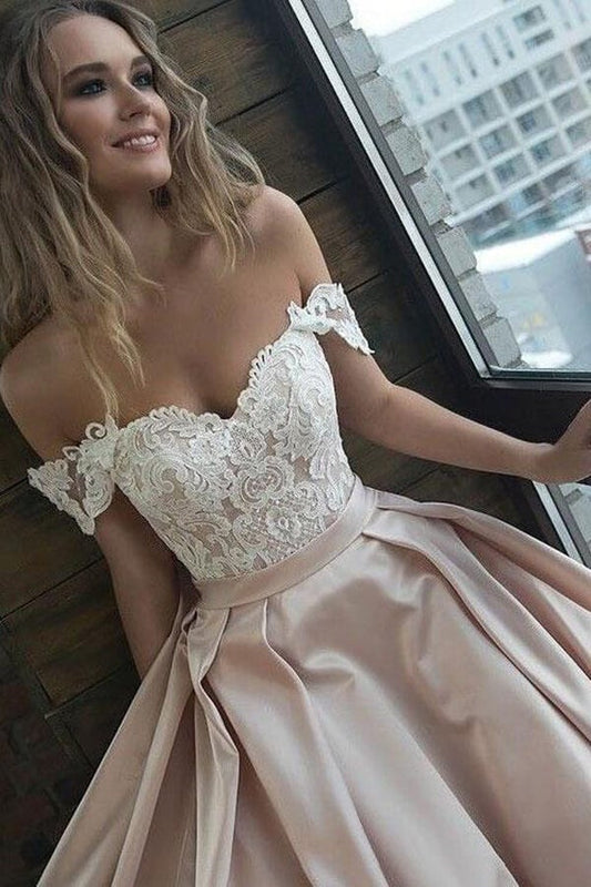 Vestidos de fiesta largos de satén con hombros descubiertos, corte en A y apliques, vestido de noche