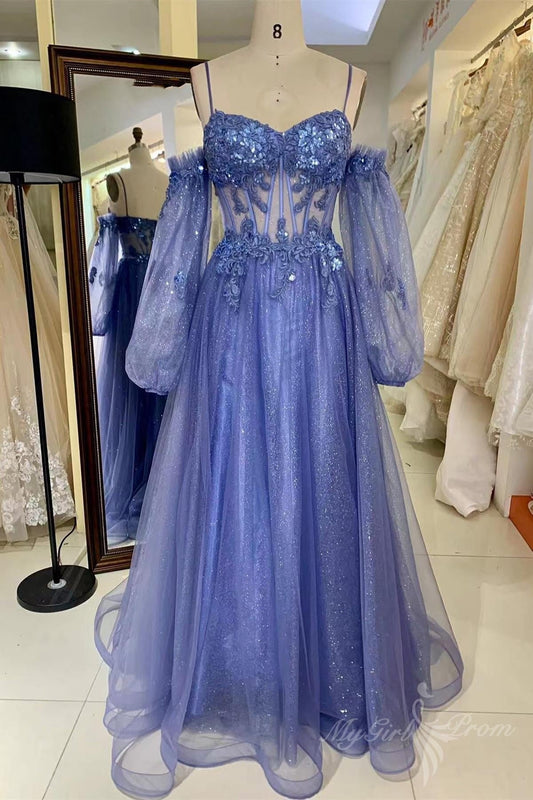 Sequins Blue Sleeves Applique Long Prom Dress Formal Gown GP462