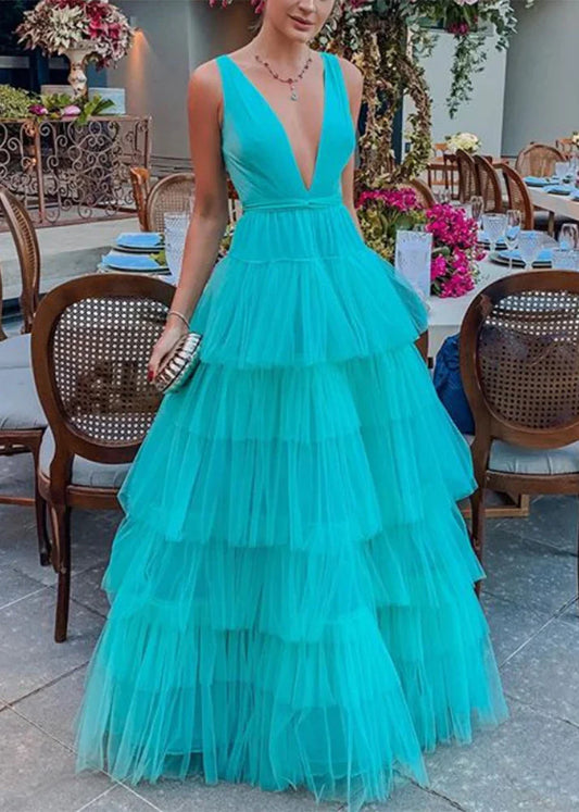 Blue fashion V-neck elegant A-line long floor-length tulle ball gown evening dress wedding guest party dress gh980