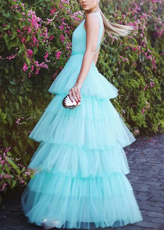 Blue fashion V-neck elegant A-line long floor-length tulle ball gown evening dress wedding guest party dress gh980