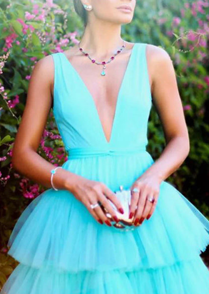 Blue fashion V-neck elegant A-line long floor-length tulle ball gown evening dress wedding guest party dress gh980