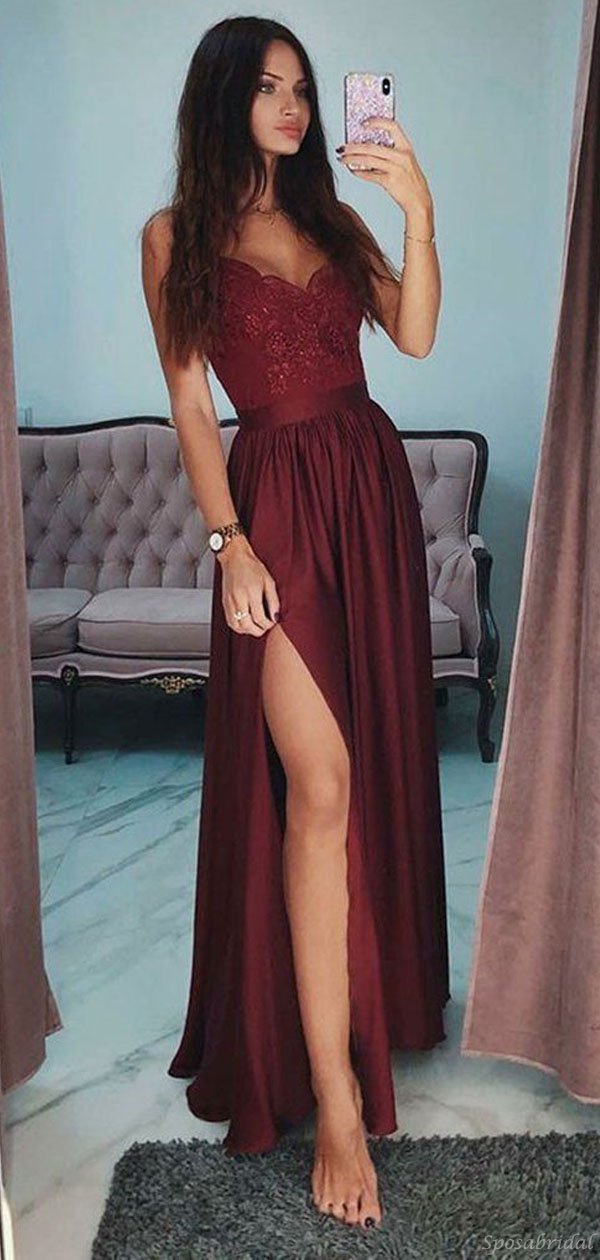 Vestidos de fiesta largos, económicos, con corte en A, de encaje, con tirantes finos y abertura lateral, color burdeos