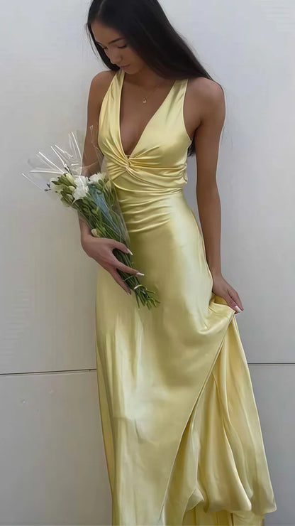 Vestido de fiesta vintage de satén con escote en V, vestido de noche largo, vestido formal sin espalda TP4590