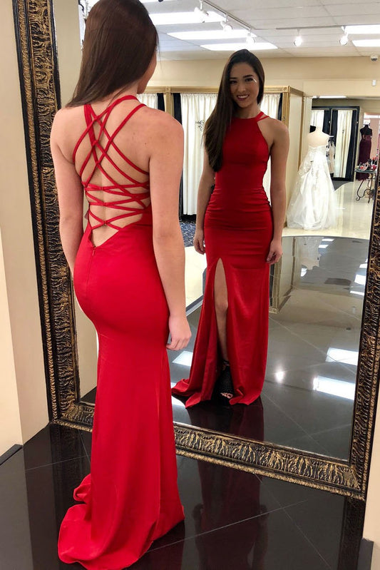 Sheath Red Evening Dresses Satin Jewel Simple Evening Gown GP11