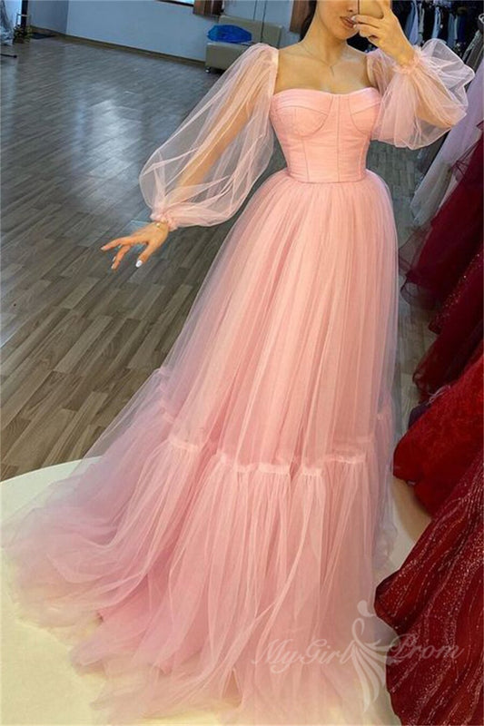 Sheer Puff Sleeves Tulle Pink Prom Dress Sleeveless Formal Party Gown GP488