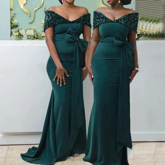 Vestidos de dama de honor verde esmeralda, estilo sirena, vestido de fiesta largo de trompeta para bodas con serpentina