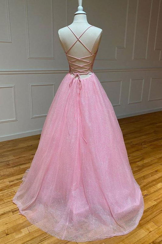 Shiny A-line Spaghetti Straps Lace Up Tulle Prom Dress,WP218