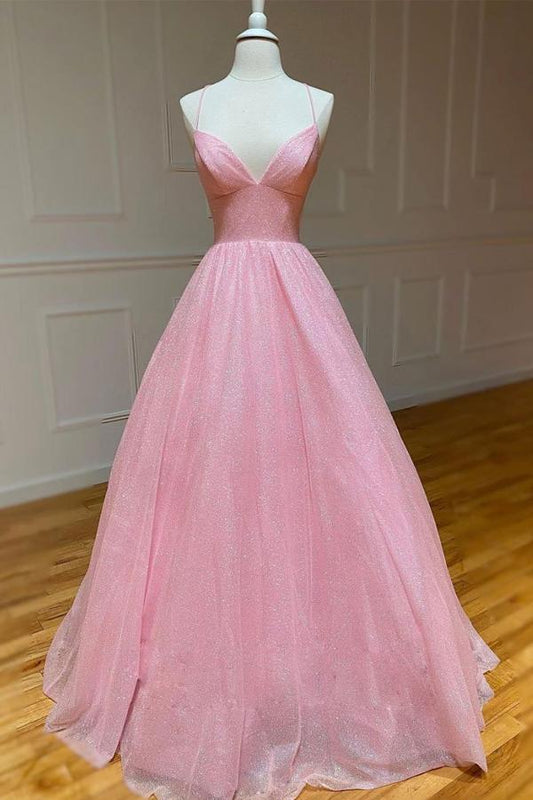 Shiny A-line Spaghetti Straps Lace Up Tulle Prom Dress,WP218