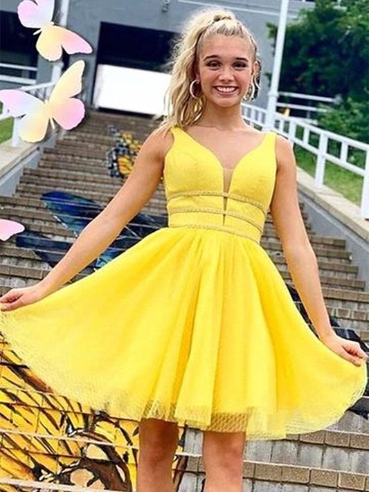 Vestidos de fiesta amarillos cortos con escote en V y corte A brillante, vestidos de fiesta amarillos cortos y formales.