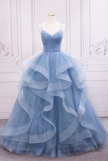 Vestidos de fiesta largos de tul azul brillante con tirantes finos y corte A, vestidos de quinceañera estilo princesa 