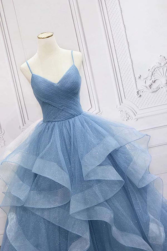 Vestidos de fiesta largos de tul azul brillante con tirantes finos y corte A, vestidos de quinceañera estilo princesa 