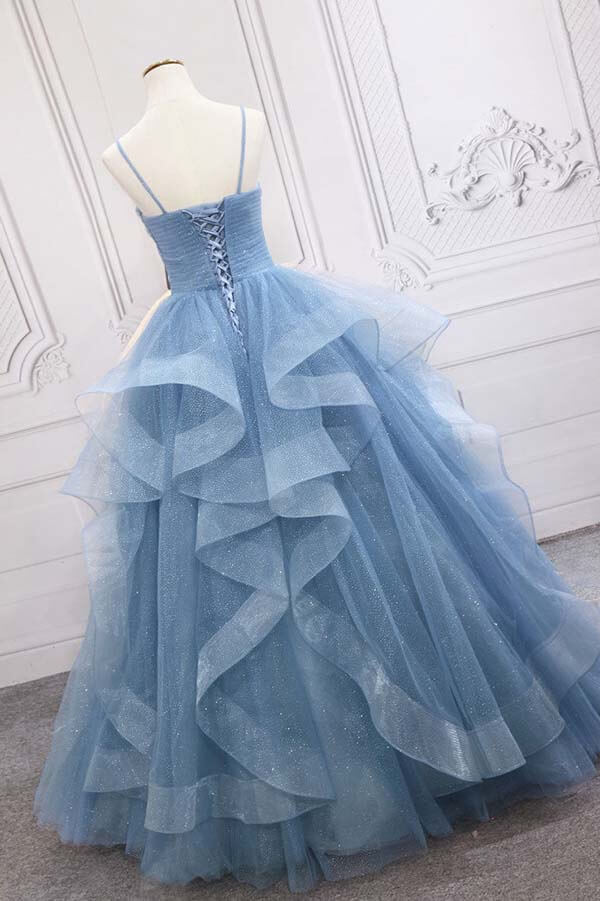 Vestidos de fiesta largos de tul azul brillante con tirantes finos y corte A, vestidos de quinceañera estilo princesa 
