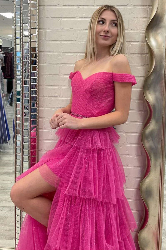 Shiny Hot Pink Tulle Layered Prom Dress, Off Shoulder Slit Formal Evening Dresses GP304
