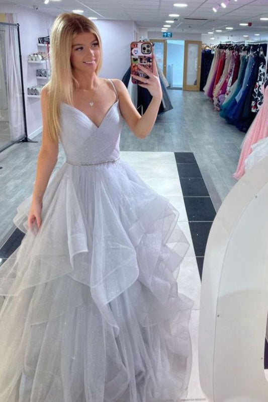 Shiny Pink A-line V-neck Tulle Long Prom Dresses, Pink Sweet 16 Dresses GP371