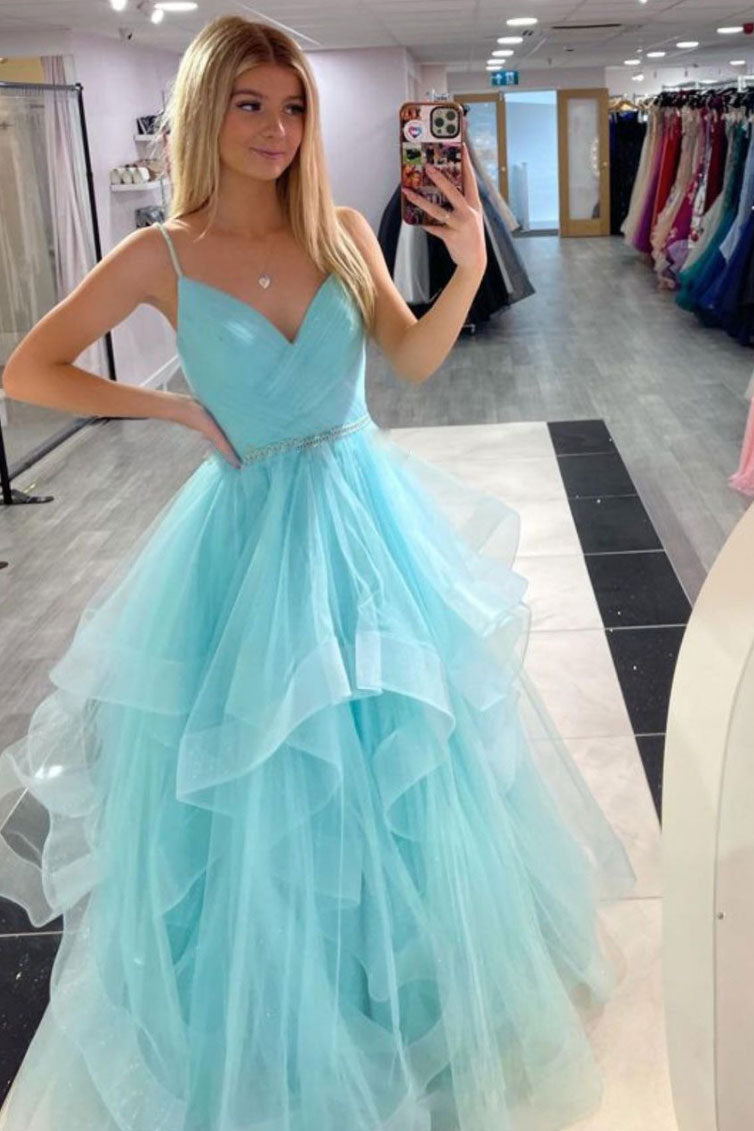 Shiny Pink A-line V-neck Tulle Long Prom Dresses, Pink Sweet 16 Dresses GP371