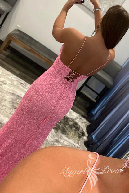 Shiny Pink Sequins V Neck Mermaid Long Prom Dresses, High Slit Formal Evening Dresses GP426