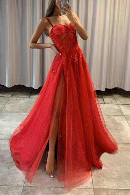 Shiny Red Tulle A line Prom Dress Spaghetti Straps Formal Gown With Slit GP325