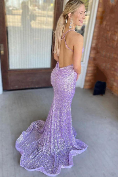 Shiny Sequins V Neck Backless Lilac Long Prom Dresses, Mermaid Evening Dresses GP400